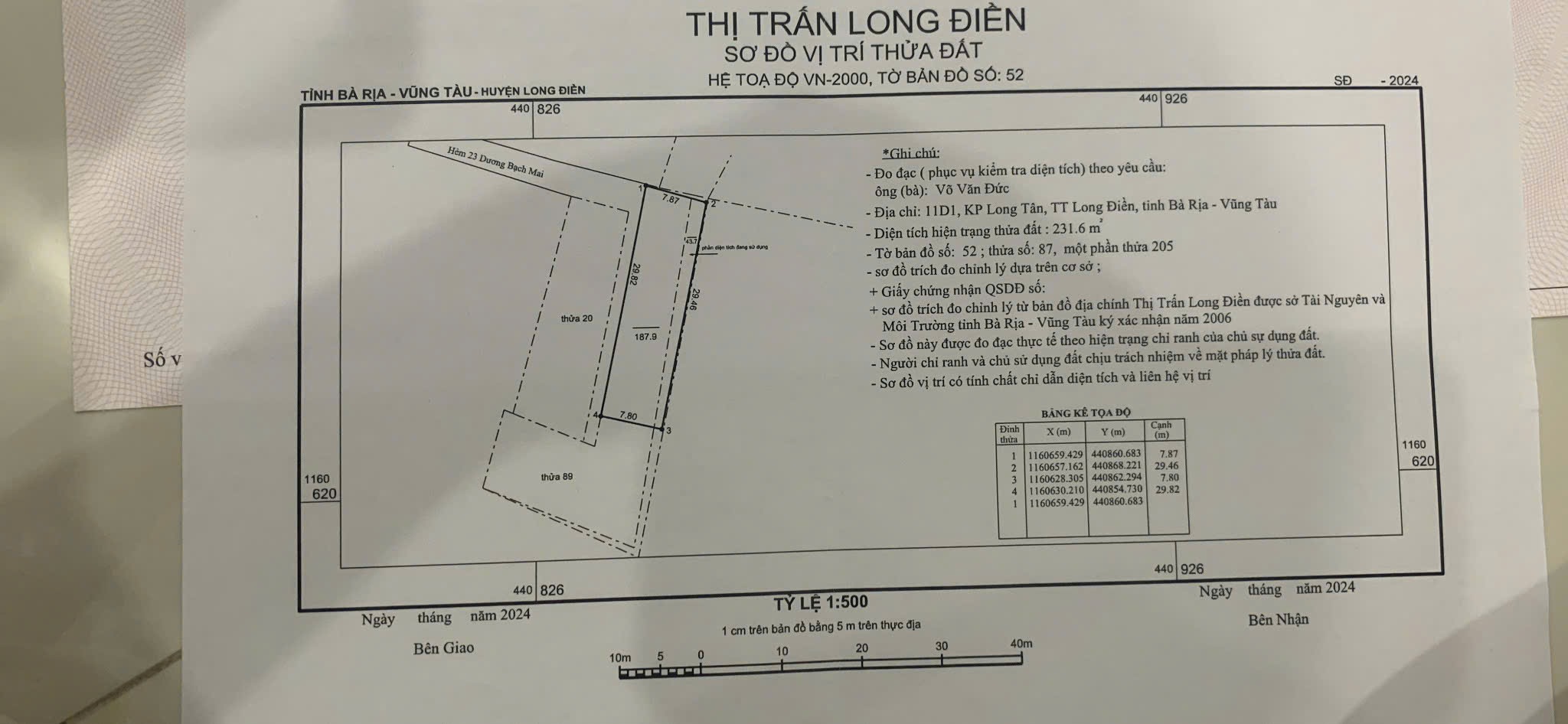 Cần bán 232m2 đất hẻm đường Võ Thị Sáu, thị trấn Long Điền