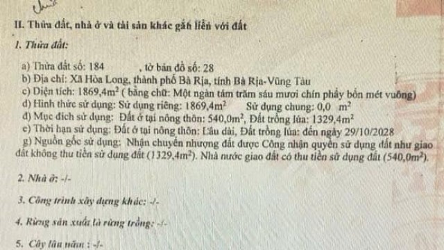 Bán 1900m2 đất mặt tiền xã Hoà Long Tp Bà Rịa