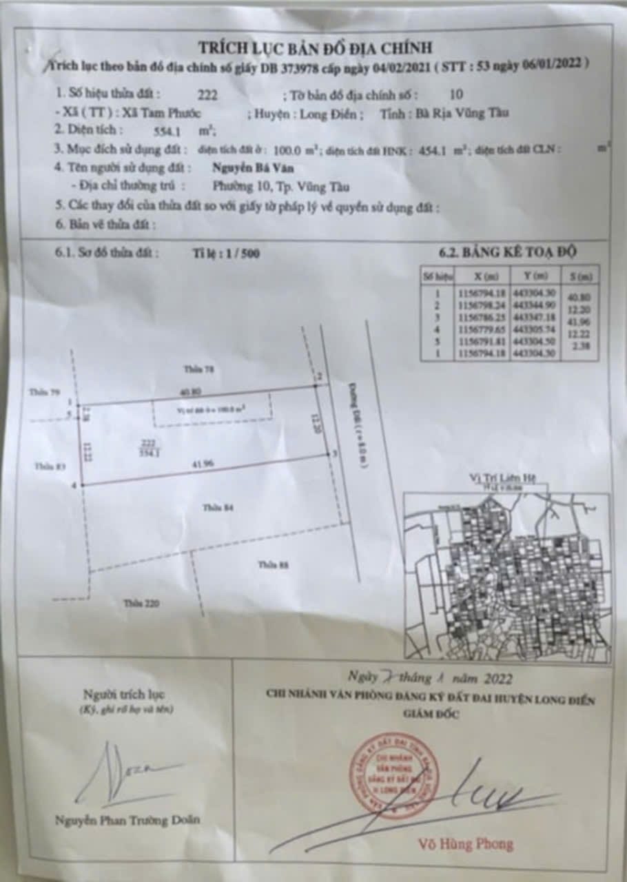 Bán lô đất biệt thự nhà vườn 554m2 mặt tiền đường số 7 xã Tam Phước huyện Long Điền