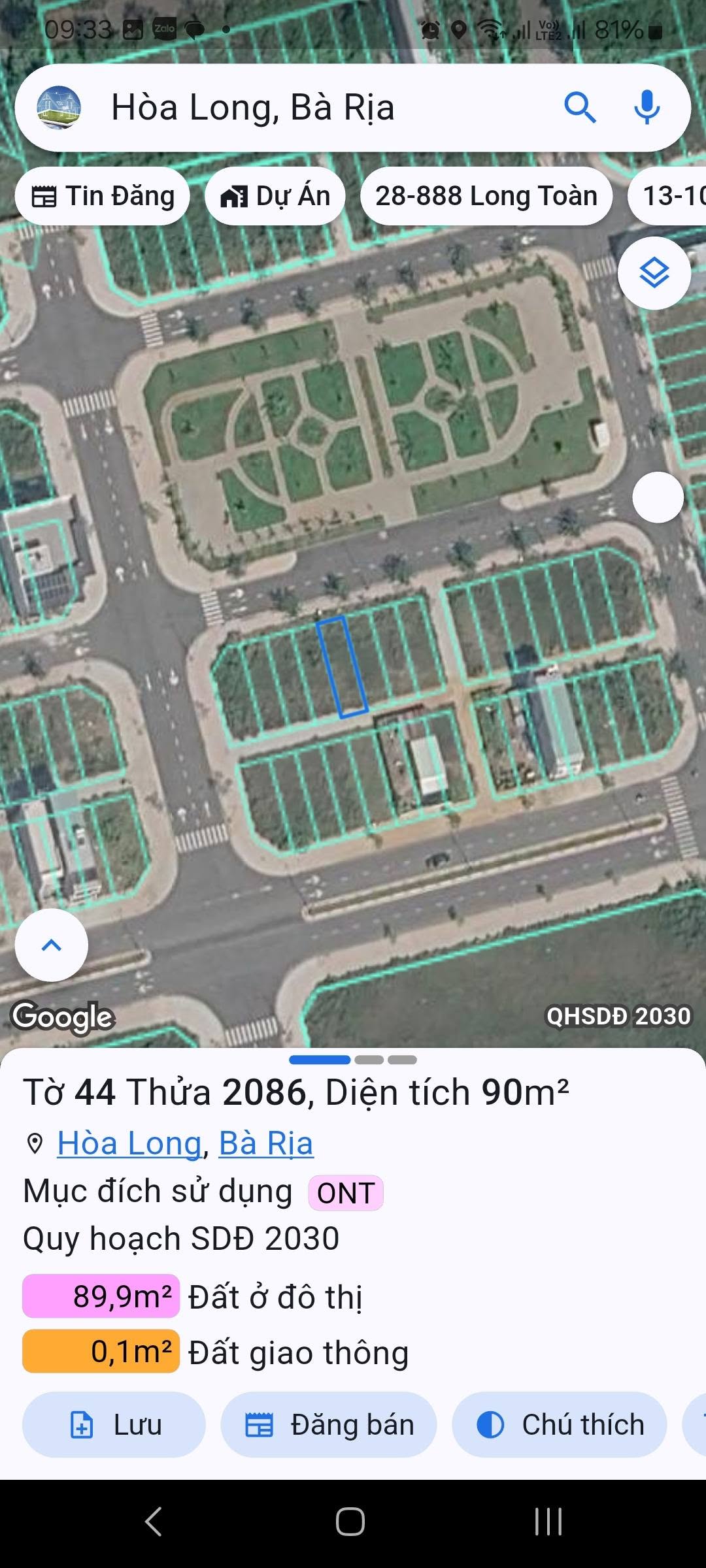 LÔ ĐẤT ĐẸP ĐỐI DIỆN CÔNG VIÊN – KHU TĐC HÒA LONG - TP. BÀ RỊA